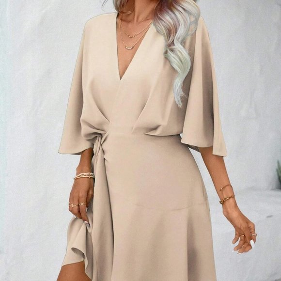 Apricot Boho Womens Batwing Sleeve Ruffle Hem Wrap Knot Side Dress - Picture 5 of 5